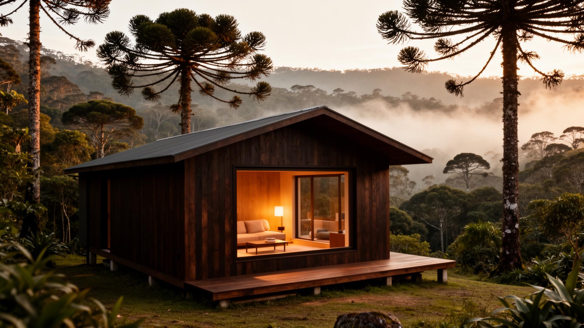 Cabana de madeira na Mantiqueira ao amanhecer