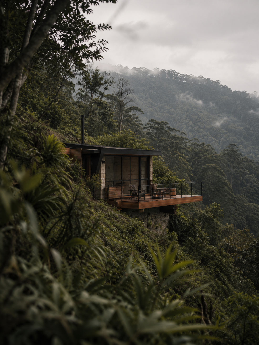 Cabana de madeira suspensa em encosta de mata atlântica com neblina