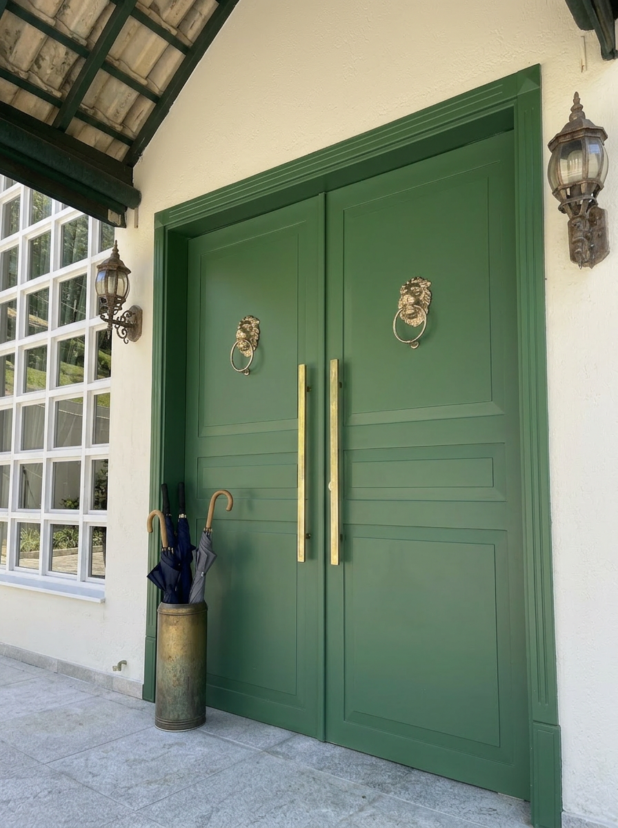 Porta principal com aldravas de leão dourado